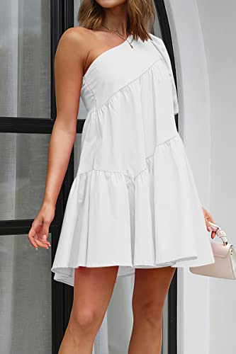 Image of KIRUNDO Summer One Shoulder Mini Baby Doll Dresses Women 2026 Casual Puff Sleeve Loose Tiered A Line Flowy Short Dress