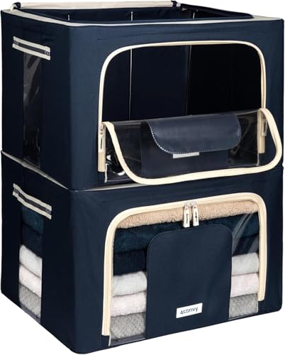 Image of 4CONVY Foldable Clothes Storage Boxes with Steel Frame - Stackable Storage Bags with Zipper - Collapsible Wardrobe Organiser for Clothes, Bedding with Clear Window & Durable Handles - 2x66L