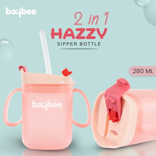 Image of BAYBEE Hazzy 2 in 1 280ml Baby Sipper Bottle for Kids, Drinking Training Anti Spill Sippy Cup with Silicone Straw, Spill Proof & Non-Slip Twin Handles | Spout Sipper Cup for Infants 6+ Months (Pink)