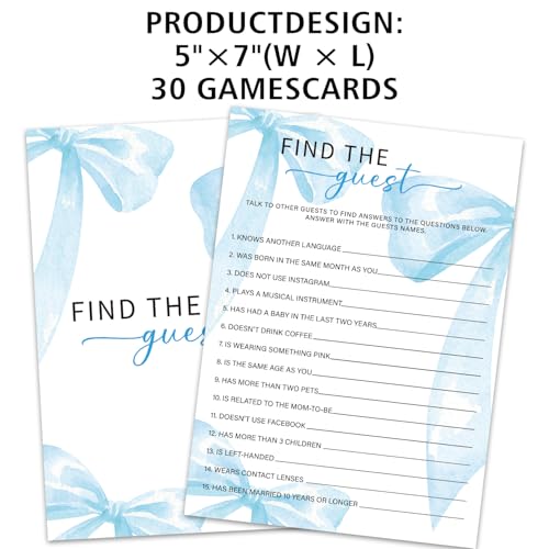 mermermu Find The Guest Game Cards for Baby Shower Games Activity, 30 Blue Bow Baby Shower Game Cards, Gender Reveal Party Games Supplies & Activities -B11