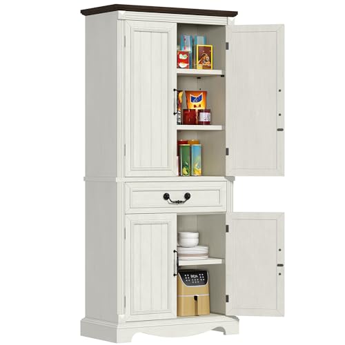 DWVO 71' Tall Kitchen Pantry Cabinet, Farmhouse Freestanding Storage Cabinet with Doors, Drawer and Adjustable Shelves for Kitchen, Living Room, Dining Room, White