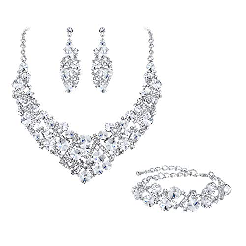 Flyonce Rhinestone Crystal Bridal Jewelry Set for Women, Wedding Party Necklace Earrings Bracelet Clear Silver-Tone