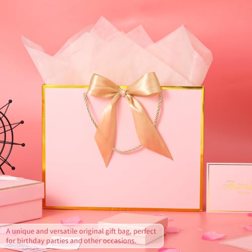 Image of Powbrace 13 inch Medium Pink Gift Bag Set with Handle - 2 Bags Featuring Bows, 4 Tissues, and 2 Greeting Cards for Wedding, Baby Shower, Father's Day, Mother's Day, Birthday Party
