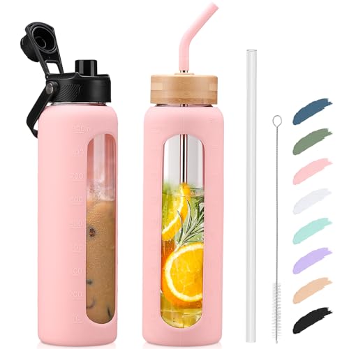 Kodrine 32oz Glass Water Bottle with Straw and 2 Lids, Pink