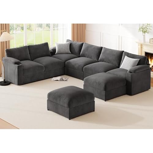 Modular Sectional Sofa Couch for Living Room Velvet Couches Oversized U Shaped Convertible Sleeper Sofa Chaise Detachable Armrest Cushion Cup Holder (Grey, 8 Seats)
