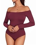 MANGOPOP Women's Off The Shoulder Long Sleeve Bodysuit Sexy Backless Body Suit Tops Burgundy L