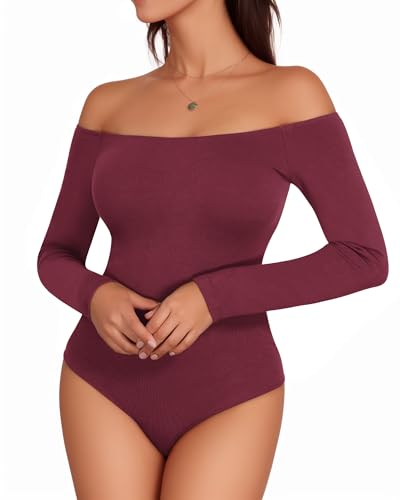 MANGOPOP Women's Long Sleeve Bodysuit Off The Shoulder Tops Burgundy M