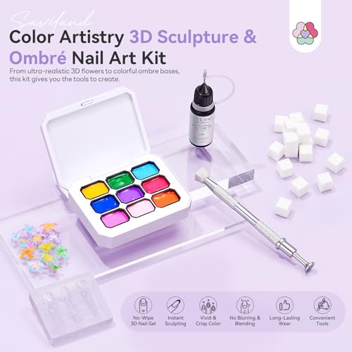 Image of SAVILAND 3D Patting Gel Polish Kit: 9 Colors Pat Pat Gel Polish Palette No-Wipe Blooming Gels Nail Polish 3D Nails Sculpting Gels with Flowers Shape Silicone Mold Sponges for Ombre Aura Nails Art DIY