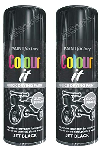 HitlineUK Spray Paint - Jet Black Gloss - (Case of 2 x 250ml cans) Spray Paint for Metal, Wood, Stone, Cardboard and Paper