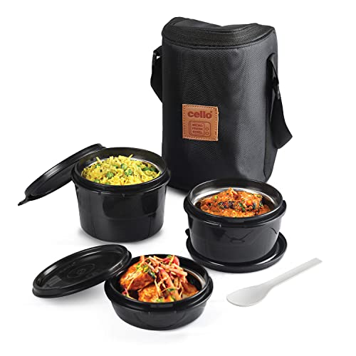 Cello All In One Lunch Box with Fabric Bag, Black | 3 Microwave Safe Insulated Inner Steel Containers (550ml,375ml,225ml)| Food Grade, BPA Free, Air Tight Leak Proof Tiffin Box Set For Office, College