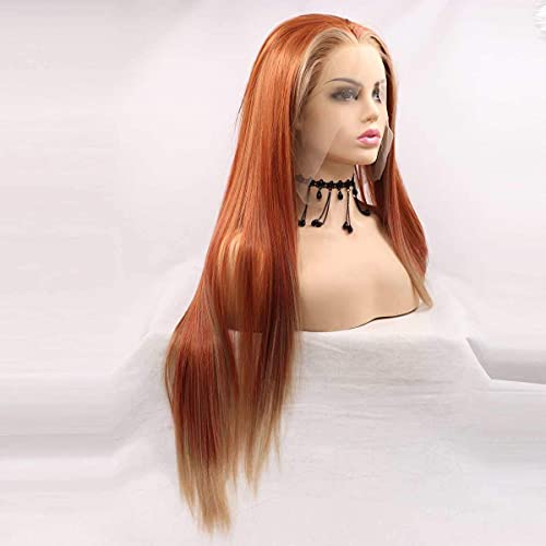 Xiweiya Wig Long Red Brown Wig With Blonde Synthetic Lace Front Wig Hightlight Long Soft Wig Silky Straight Hair Replacement Wig For Women, Drag Queen Makeup 24 Inch #TOP2