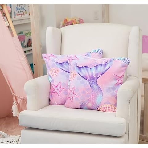 PRIS+SAND Mermaid Decorative Throw Pillow Coverts | 18" x 18" Square| Soft & Cozy | for Girls | Purple Cover