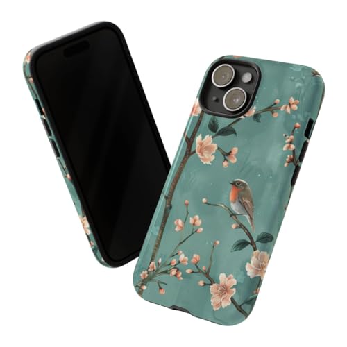 Coque iPhone 15 fleurs de pêcher et rouge-gorge finition brillante