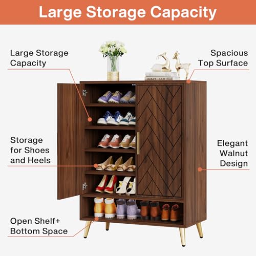 Tribesigns 6-Tier Shoe Cabinet with Doors, Wooden Shoe Storage Cabinet with Adjustable Shelves for Entryway, Hallway, Bedroom (Walnut) - Thumbnail 7