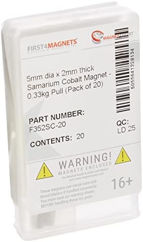 Samarium Cobalt Magnet for Motors, Electric Motors, Turbo Machinery and Sensors - 5mm dia x 2mm thick - 0.33kg Pull - Pack of 20
