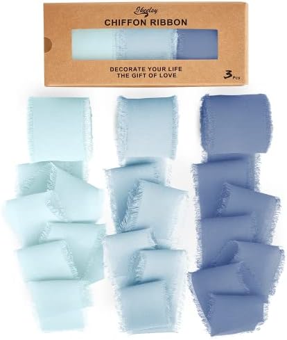 Chiffon Ribbon Fringe Fabric Ribbons 3 Rolls 1.5" Wide x 7 Yd Dusty Bule Ribbons Set for Wedding Decor, Gift Wrapping, Bridal Bouquets, Handmade Crafts