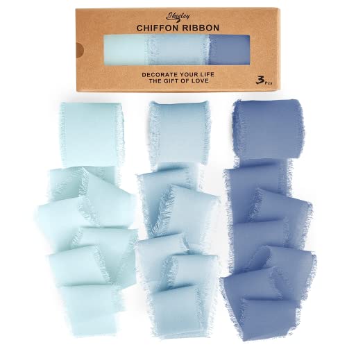 Chiffon Ribbon Fringe Fabric Ribbons 3 Rolls 1.5" Wide X 7 Yd Dusty Bule Ribbons Set For Wedding Decor, Gift Wrapping, Bridal Bouquets, Handmade Crafts #TOP3