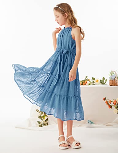 GRACE KARIN Girls Halter Neck Dress Sleeveless Casual A-line Flowy Summer Maxi Dress for 7 Years Grey Blue — view 3