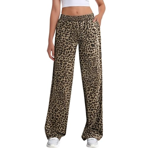 Women's Leopard Print Elastic High Waist Long Pants 2025 Gingham Cheetah Printed Wide Leg Loose Trousers with Pockets3