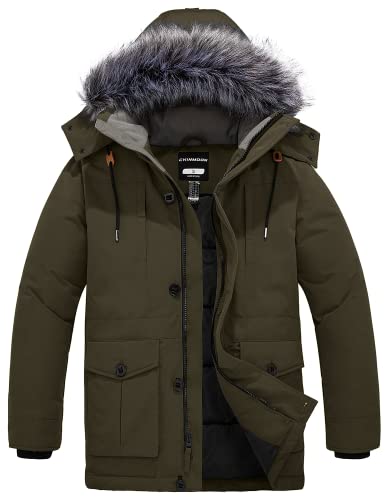 CHIN·MOON Men's Winter Warm Coat Windproof Puffer Jacket Outdoor Thicken Parka Jacket Mid Length Outerwear Coat with Faux Fur Hooded Army Green L