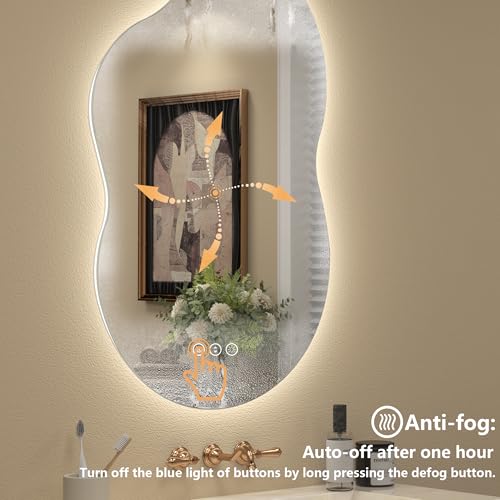 Image of 20x36 Inch Irregular Backlit Led Lighted Vanity Mirror | Asymmetrical Bathroom Mirror with Light, Cloud Shape, Fogless, Dimmable, Memory, 3 Colors, Shatterproof (Horizontal /Vertical)