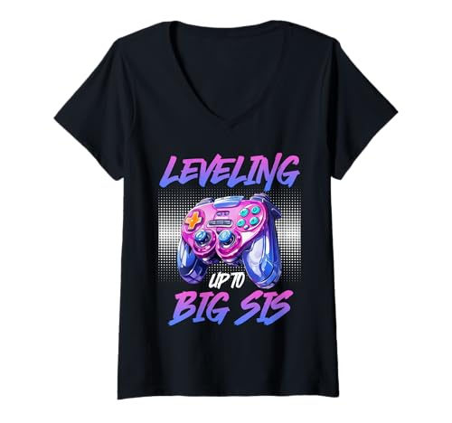 Womens Gamers Leveling UP to Big SIS Funny Sisters V-Neck T-Shirt