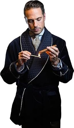 Mens Black Velvet Smoking Robes Cord Piping Quilted Smoking Jackets Coat
