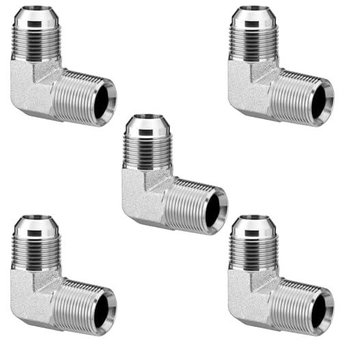 Image of 90 Elbow Hydraulic Adapter Fitting: 3 /4 inch JIC Male x 3 /4 inch NPT Male | 5 Pack Carbon Steel Hydraulic Hose Crimp Connectors with Protective Covers for Hydraulic Applications - 2501-12-12