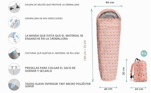 Miniatura 2 de Meteor Saco Dormir Tipo Momia Con Capucha - Para Niños En Viaje Camping Funda Vivac Festival Hotel Portátil Con Mochila Ymer 130 25 X 60 40 Cm, Lama