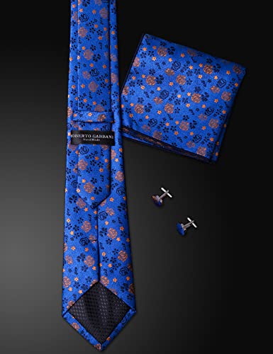 Roberto Gabbani Mens Gold And Blue Tie And Pocket Square Set, Silk Floral Tie Handkerchief Cufflinks And Clip Set For Men #TOP2