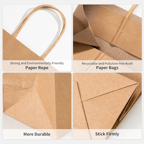 Image of RACETOP 100 Pack Brown Kraft Gift Paper Bags with Handles 8x4.5x10.8 in | Recycled Paper, Reinforced Handles, for Retail, Party, Shopping, Favors, Gift Bags, Gift Giving, Eco-Friendly