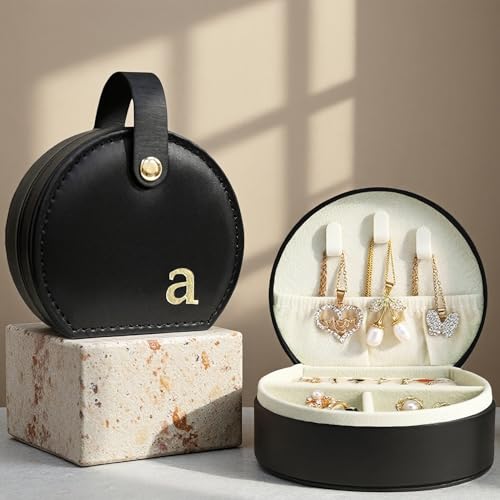 COLLECTIVE HOME - Travel Jewelry Case, Elegant Half-Moon Design with Gold Monogram, Detachable Handle, Personalized Accessory Organizer, Gift for Fashion-Forward Women and Teens, Black (a)