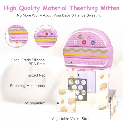 Image of 2Pack Silicone Teething Mitt, Hamburger Baby Teething Toy for 0-6 6-12 Months, Food Grade Silicone Infant Teething Mitten, BPA-Free Baby Chew Toys for Pain Relief, Sucking Needs