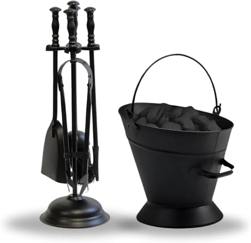 Trendi Black Waterloo Bucket Coal Log Fire Ash Scuttle Hod Fireside + Shovel with 5 Piece Cast Iron Loop Design Companion Set… (New Companion Set + Waterloo Bucket Set)