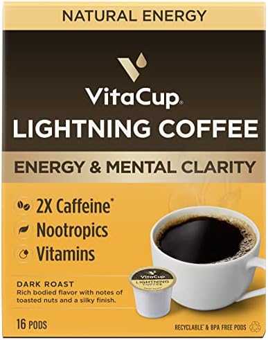 VitaCup Lightning Coffee Pods, Enhance Memory & Focus w/ 2X Caffeine, Green Coffee Bean, B Vitamins, D3, Strong Dark Roast Coffee, Recyclable Single Serve Pod Compatible w/Keurig K-Cup Brewers, 16 Ct