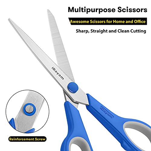 Image of iBayam 8.5 inch Household Scissors All Purpose 3 Pack, Red Black Blue Scissors | Ultra Sharp 2.5mm Thick Blade Shears Comfort-Grip for Office Desk Sewing Fabric Home Craft School Supplies, Right /Left Handed