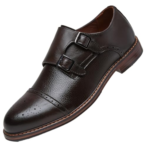 Mens Double Buckles Monk Strap Leather Dress Shoes- Brogue Design with Adjustable Buckles (DARK BROWN 43)