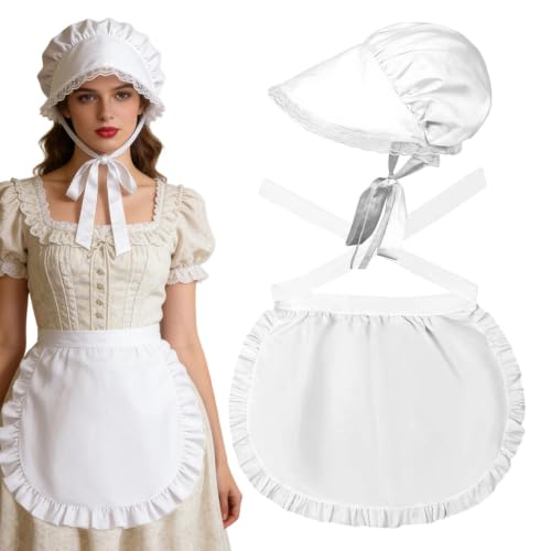 Maid Hat Apron Set - Ruffled Cap, 2 Piece White Retro Costume For Halloween | 28.7x20.8 Inch Apron | Colonial Retro Cosplay Outf