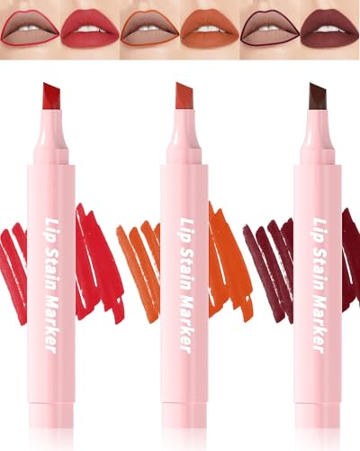Lip Tint Stain Pen Set-3 Stück Wasserfester Lippenstift Lippenkonturenstift, Langanhaltende Farbe No-Transfer Lipgloss, Natürlicher Tattoo Matt Effekt Lipstain Lipliner stift für Frauen-1+2+3