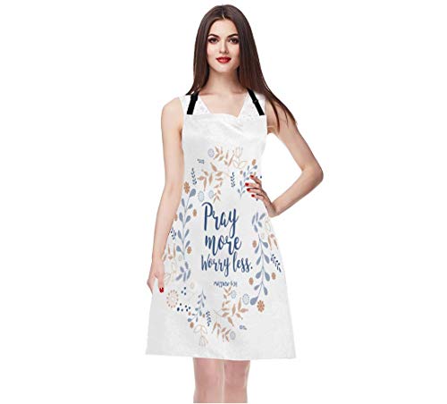 Ekobla Pray More Worry Less Aprons Floral Wreath Bible Quote Christian Verse Faith Style Waterproof Resistant Chef Cooking Kitchen Bbq Adjustable Aprons For Women Men 27X31 Inch #TOP2
