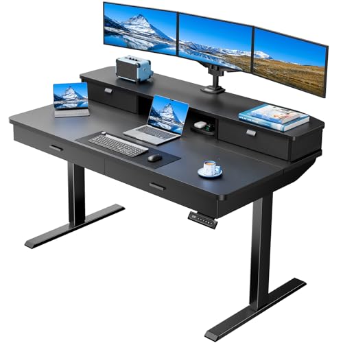 Image of HUANUO 55 x 30 inch Electric Standing Desk with 2 Wood Drawers, Adjustable Height Sit Stand Desk for Home Office, Ergonomic Stand up Desk with 4 Memory Presets, 176 lbs Capacity, Black Top