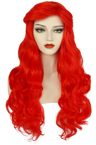 Perruque cosplay Ariel rousse longue ondulée pour costume déguisement femme Halloween