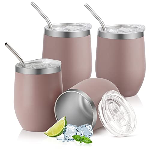 Lot de 4 verres à vin en acier inoxydable de 350 ml avec couvercle et paille, tasses isolées sous vide, gobelets de voyage à double paroi, conviennent pour le lait, le café, la bière, le champagne,