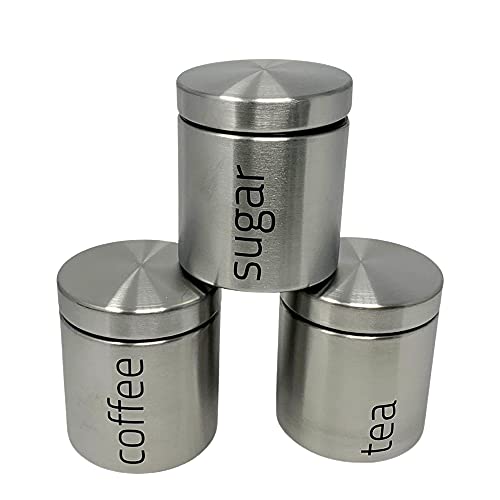 plastific 3pcs Set of Stainless Steel Tea Coffee Sugar Canisters, Silver, 10 cm (L) x 11 cm (H) - Image 2