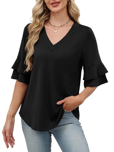 Image of OFEEFAN Spring Tops for Women Boho Shirts Fashion Clothing Cute 3 /4 Length Sleeve Blouses Dressy Casual Summer Outfits
