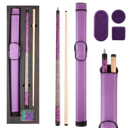 Tiekerbilir Violet Leopard Print Pool Cue Stick, 58" 20oz 11.5mm Tip Canadian Maple Cue Stick Set Professional Low Deflection (Gift Set(with Purple case and Purple Chalk Holder).)