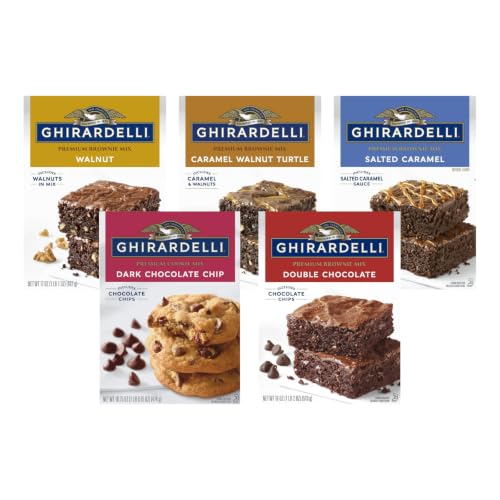 Ghirardelli Brownie & Cookie Mix Variety Pack, 5 Flavors – Walnut (17 oz), Caramel Turtle (18.5 oz), Salted Caramel (16 oz), Dark Chocolate Chip Cookie (16.75 oz) & Double Chocolate (18 oz) (Variety Pack)