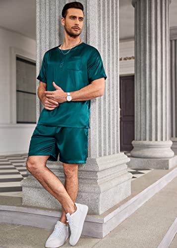 Image of Ekouaer Mens Pajamas Set Silk Satin Pjs Sets Summer Short Sleeve Button Down Sleepwear 2 Piece Loungewear with Pockets