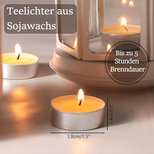 24 Stück Teelichter 4 Stunden Brenndauer 100% Sojawachs Soja Teelichter, Weiß Duftfrei, Vegan, Kleine Soja Kerzen Aluhülle Tealights für Hochzeit, Party Dekorationen