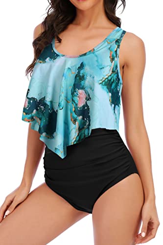 Image of Women High Waisted Bikini Swimsuit Flounce Vintage 2 Piece Bathing Suits | Vintage,tummy control,two piece bathing suits,plus size,swimwear,ruffled,tankini top,bikini bottom
